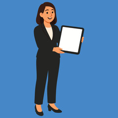 Smiling professional business woman in a suit presenting a blank digital tablet screen for content display.