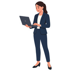 Professional businesswoman standing, focused on her laptop, demonstrating remote work and digital communication and efficiency.