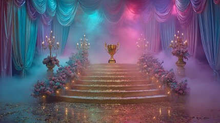 A Dreamlike Stairway to Success: Golden Trophy on Illuminated Steps with Elegant Decor