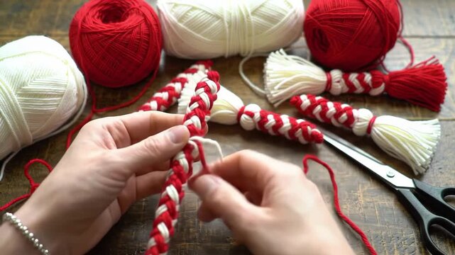 Hands crafting traditional martenitsa bracelets with red and white yarn
