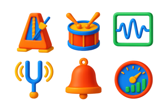 Variety of colorful and stylized icons, including a bell, a drum, a keyboard