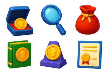 Set of six icons, including a magnifying glass, a book, a coin, a bag