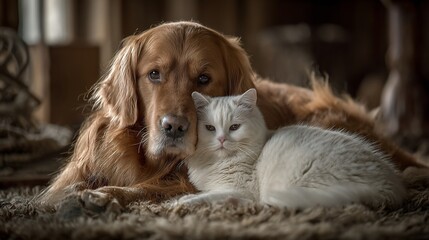A heartwarming portrait of a golden retriever and a white cat in peaceful harmony