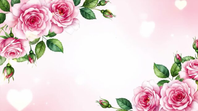 Watercolor roses frame with pink background and copy space for text