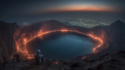 A lone figure contemplates the mesmerizing beauty of a volcanic caldera at dusk offering