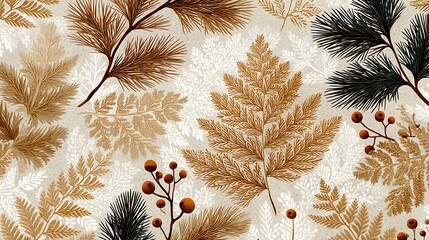 Autumnal Ferns and Berries in Brown and photo Black on Cream Background fall leaves
