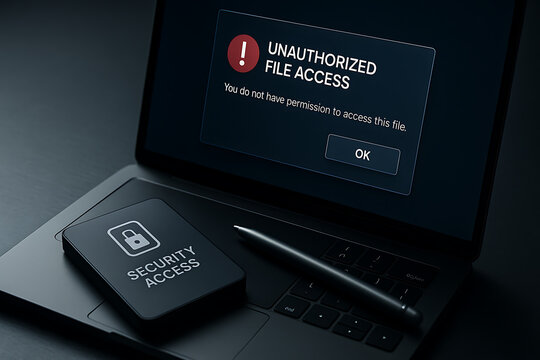 Laptop displaying unauthorized file access warning alert on screen with secure storage device beside it illustrating permission denied concept highlighting cybersecurity protection privacy breach risk