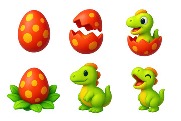Fototapeta premium Series of images of a dinosaur egg and a baby dinosaur