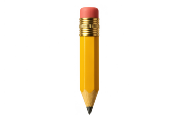 Yellow short wooden pencil with eraser, sharp graphite tip, school supplies, drawing, writing, education, learning tool with transparent background