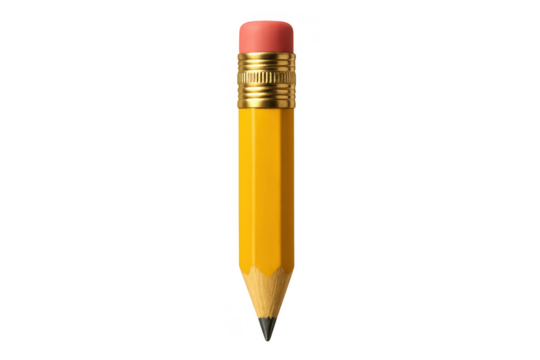 Yellow short wooden pencil with eraser, sharp graphite tip, school supplies, drawing, writing, education, learning tool with transparent background