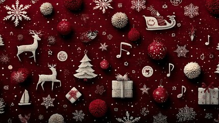 Red and photo White Christmas Pattern with Snowflakes, Reindeer, and Ornaments holiday festive