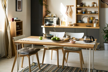 Modern kitchen interior featuring wooden dining table set with breakfast items including coffee pot, fruit bowl, plates and cups, sunlight streaming through window, empty chairs surrounding table