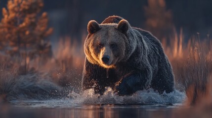 A majestic brown bear wading through shallow water creating a captivating wildlife scene with