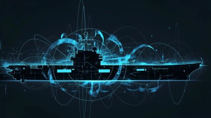 Futuristic aircraft carrier naval vessel silhouette with glowing data visualization lines conveying defense technology industry innovation dynamic - Powered by Adobe