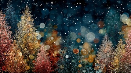 Fototapeta premium Illuminated Christmas Trees with Bokeh Lights and Falling Snow in Dark Forest winter snowy photo
