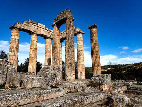 The temple of the Nemean Zeus was built around 330 B.C. to serve the needs of the festival and the games. Three of the ancient culumns remain standing until today.