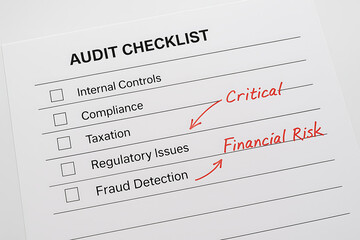 Obraz premium Audit checklist form with handwritten notes marking critical regulatory issues and financial risk, internal controls, compliance, taxation and fraud detection tasks highlighted for review