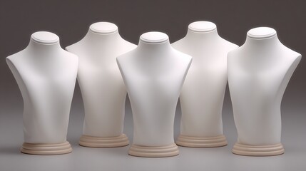 A minimalist studio shot featuring multiple white jewelry display busts arranged against a neutral