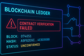 Digital blockchain ledger error showing contract verification failed alert, unconfirmed block status, cryptographic hash data display, illustrating cybersecurity, fintech, and smart contract issues
