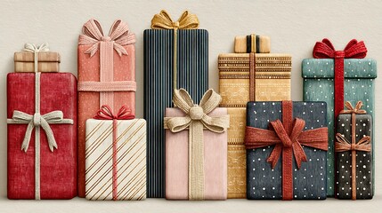 Diverse Collection of Ten Wrapped Gift Boxes with Ribbons and Bows present christmas photo