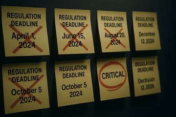 Multiple regulation deadline sticky notes board marked crossed dates with critical alert circle, business compliance urgency reminder planning schedule pressure corporate governance risk management co