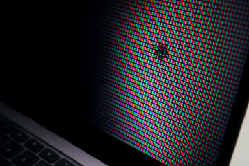 Dead pixel defect on computer screen captured in macro view showing damaged subpixels with red green blue grid pattern symbolizing display malfunction monitor issue hardware failure screen artifact di