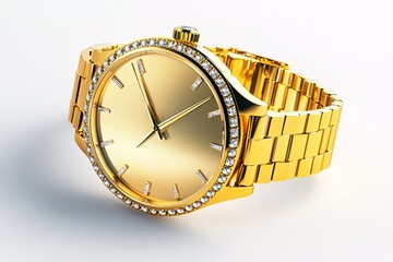 Golden pocket watch isolated on white background, a luxurious antique metal object displaying the hour and minute hand