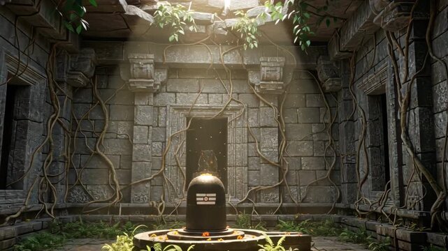 Shiva Linga inside an abandoned ancient temple with cracked stone walls and dusty sunlight beams