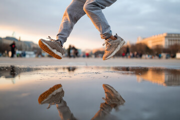 Jumping over a puddle at sunset