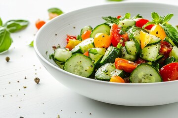 Fresh healthy vegetable salad with feta cheese in a bowl, a vibrant vegetarian appetizer
