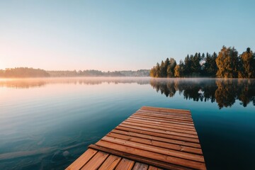Serene sunset over a calm lake with wooden dock