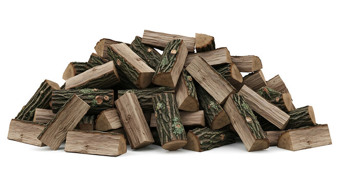 A pile of cut firewood stacked neatly, ready for use. The wood pieces are in various sizes and shapes