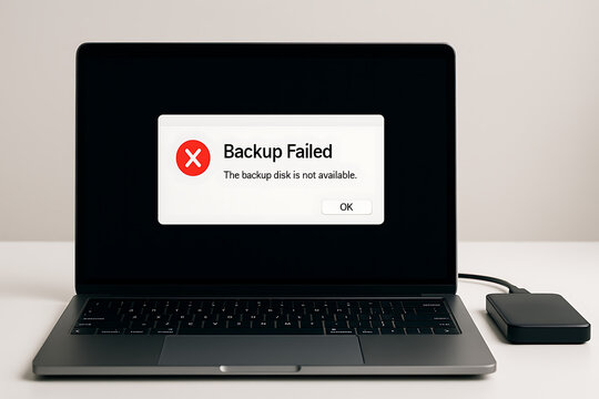 Laptop displaying backup failed error message on screen, external drive malfunction causing data protection issue, system storage warning concept illustrating computer backup problem and digital file 