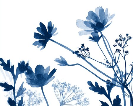 Indigo cyanotype-inspired watercolor botanicals