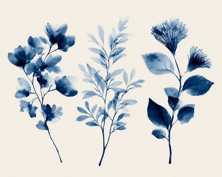 Indigo cyanotype-inspired watercolor botanicals