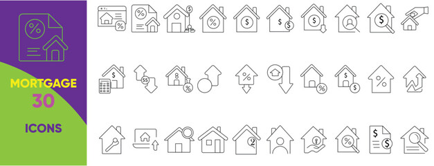 Home Loan and Mortgage Icon Set. Features icons for property purchase, EMI plans, approvals, documents, savings, interest, security, investment, and real-estate workflow.