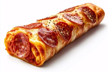 Delicious slice of Italian pizza with cheese and pepperoni on a white background, perfect for a tasty lunch or dinner snack