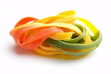 Closeup of fresh raw yellow tortellini pasta with green basil on a white background, isolated ingredient for Italian food