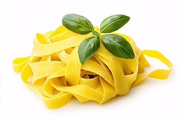 Closeup of fresh raw yellow tortellini pasta with green basil on a white background, isolated ingredient for Italian food