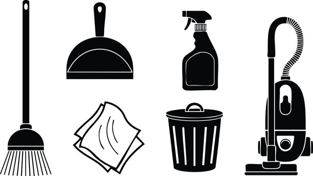 Cleaning tools vector set with broom dustpan spray bottle cloth trash bin and vacuum cleaner icons 