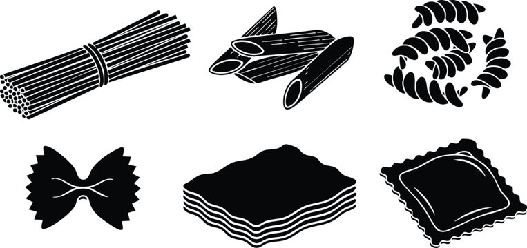 Various types of pasta collection including spaghetti, penne, fusilli, farfalle, lasagna, and ravioli vector illustration 