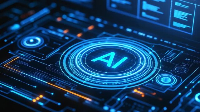 Abstract digital illustration of artificial intelligence technology interface. Glowing blue circuits, virtual HUD elements, and futuristic data visuals highlight innovation and advanced computing. - Powered by Adobe