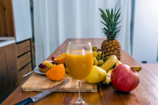 Fresh fruit juice and selection of healthy fruits