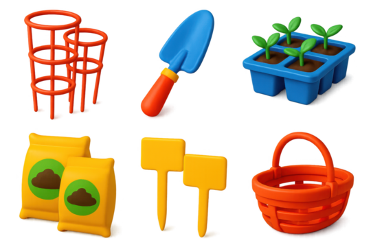 Collection of garden tools and supplies, including a trowel, a basket - Powered by Adobe