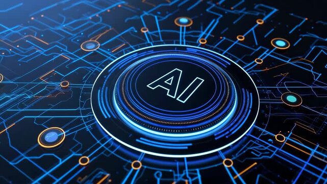 Futuristic digital interface depicting artificial intelligence technology concept with glowing circuits, blue neon lines, and AI typography. Suitable for innovation, tech, and data themes. - Powered by Adobe