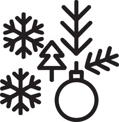 Black line art christmas icons snowflakes tree ornament pine branch