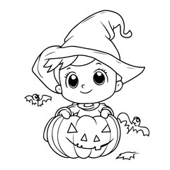 Cute Funny Halloween Vector Illustration coloring pages with pumpkins, ghosts, and bats for kids