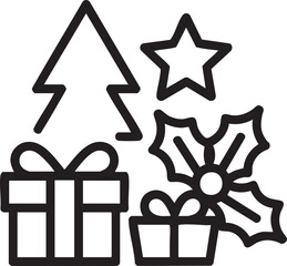 Christmas tree star gifts and holly icon outline gift box