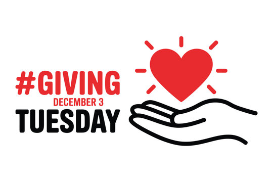 A hand holds a glowing heart with the text #GIVING TUESDAY DECEMBER 3 on a white background, symbolizing charity and generosity.