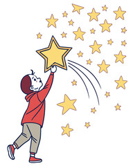 Cheerful vector illustration of a child reaching and grabbing a large, shining star from the sky, surrounded by small stars.